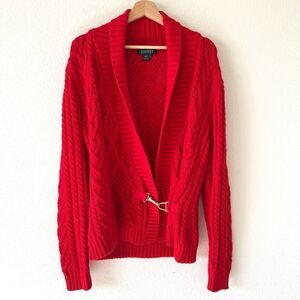 Lauren Ralph Lauren  Shawl Collar Gold Buckle Cable Knit Cardigan Sweater SZ XL